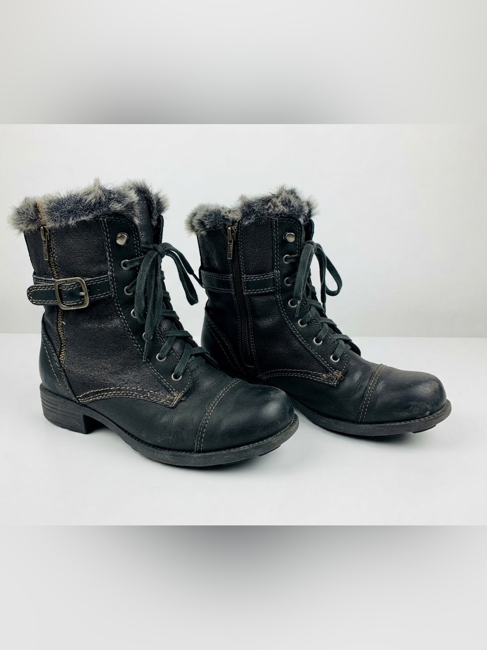 Earth Origin Black Perrie 2 Combat Boots Faux Fur Trim Lace Up Ankle Boots 7.5